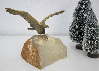 Cast Brass Golden Eagle Open Winged Figurine On Quartz Base