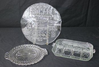 Group Lot Of 3 Patterned Glass Trays - Fruits, Cheeses, And Starburst Waffle