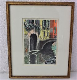 Framed Original Watercolor Charming Venice Canal Scene