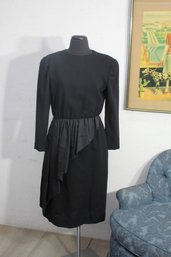 1980's Bill Blass Black Wool Cocktail Dress Taffeta Peplum Long Sleeves -sz Small