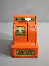 Vintage Orange Metal Uncle Sam's Toy 3 Coin Bank Western Stamping Corp.