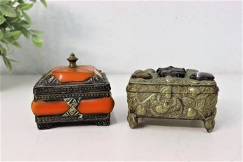 Two Decorated Trinket Boxes - One Tibetan Amber & Filigree AND One Art Nouveau Repouss And Polished Stone