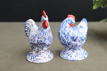 Blue And White Ceramic Hen And Rooster Salt & Pepper Set (4.5'H And 5.5'H)