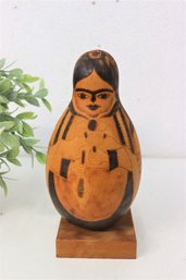 Peruvian Carved & Painted Gourd On Wood