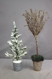 Two Tabletop Snowy Decorative Trees In Pot And Pail