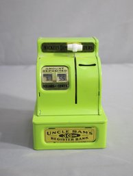 1 - Vintage Lime Green Metal Uncle Sam's Toy 3 Coin Register Bank Western Stamping Corp.