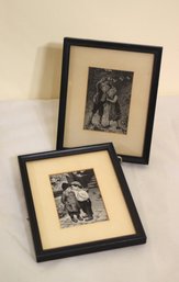 Set Of 2 Antique French Woven Silk Black, White, And Silver Pictures In Frames