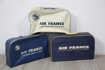 3 Air France Airline Vintage Handbag Carry On Luggage Zipper Suitcase Blue & White