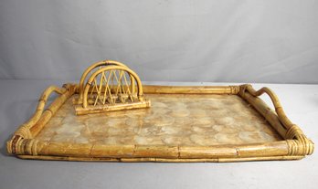 Vintage Bamboo Tray With Shell Inlay And Napkin Holder