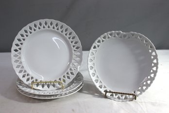 Group Lot Of 3 White Fine China Openwork Lattice Plate (3) And  Low Bowl (1)