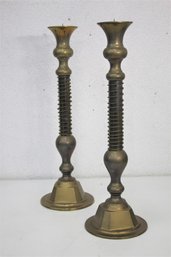 Pair Of Patinated Brass Spiral Wound Pillar Candle Holders