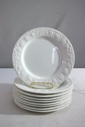 Group Of 9 Vintage Quadrifoglio White Dinner Plates With Embossed Fruit Rim