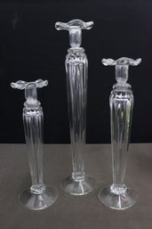 Trio Of Tall Fluted Glass Candlestick Holders(heights Measure 15', 17', 22')