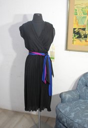 Vintage Samuel Blue Black Pleated Dress With Colorful Sash, Size 8 ( Never Used)