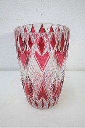 Vintage Ruby Cut To Clear Diamond And Arrow Pattern Glass Vase