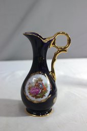 Vintage Limoges Castel Pitcher In Cobalt Blue & Gold Trim With Fragonard Scene Painted On Front