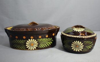 Alsace France Brown Flowered Pottery - Oval Lidded Casserole Dishes