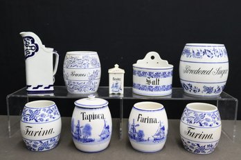 Group Lot Of German Blue And White Porcelain Spice And Ingredient Kitchen Canisters