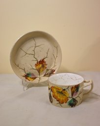 Artisan Craft Pottery Dotted Twig And Leaf Cup And Saucer