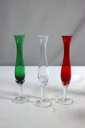 Group Lot Of 3 Colored Glass Stretched Flute Bud Vases