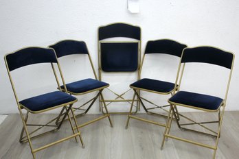 Set 5  A. FRITZ And Co Folding Chairs. Gold Tone Frames With Blue Velvet Seats