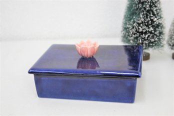 Pink Lotues Flower Finial Blue Ceramic Dresser Box - Papyrus Unlimited By Christie Woodfin