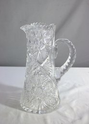 Vintage Hobstar & Sawtooth Rim Cut Glass Crystal Pitcher