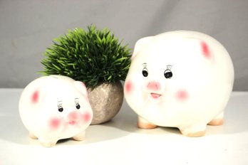 Two Ceramic Pig Piggy Bank-Pink