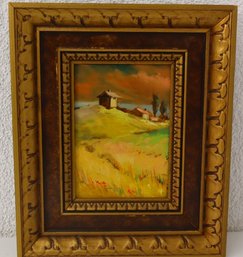 Ornate Frame With Original Oil On Board Hillside And Barns, Signed LL