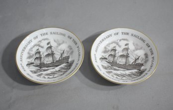 Two Vintage 1970 Royal Worcester Bone China Mayflower Pilgrim 350th Anniversary Pin Dishes
