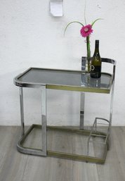 Mid-Century  Chrome & Brass And Smoked Glass Bar Cart