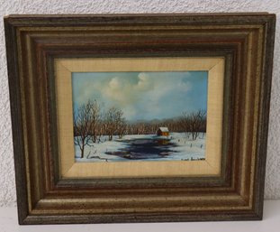 Fine Frame With Original Winter Scene On Canvas, Signed LR