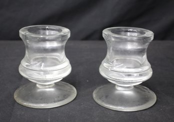 Vintage Pair Of Clear Glass Short Pedestal Candlestick Holders