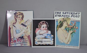 Group Of 3 Tin Signs - Sa-Yo Mint Jujubes, Saturday Evening Post Cover, Ambrosia Chocolate