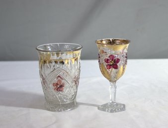 Vintage Hand-Painted Floral Medallion Pressed Glass Cordial Glass & Tumbler