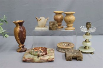 Group Lot Of Marble Vases ,Candle Holders ,Ash Tray , And More