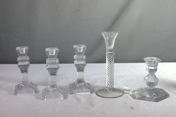 Group Lot Of 5 Single Taper Candlesticks, Including 3 Val St. Lambert