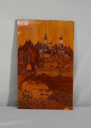 Vintage Vintage Wood Burned & Engraved Art Wood Panel - Handmade Romania 1981