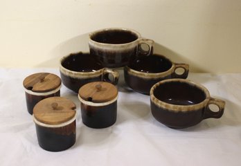 Vintage Pfaltzgraff Drip Glazed Brown Small Crocks With Wood Lids (3) & Coffee Cup Mugs (4)