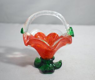 Hand Blown Glass Basket With Floral Motif