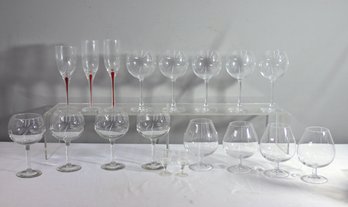 Mixed Group Lot Of 18 Stemmed Wine Glasses, Snifters, Flutes, And Cordial Glasses