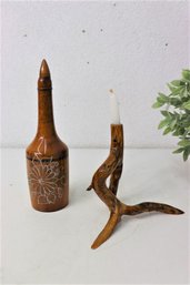 Sculptural Wooden Branch Candlestick And Decorated Treenware Bottle