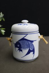 Asian Ceramic Blue Koi Fish Double Boiler Pot Soup Vegetable Serving Jar