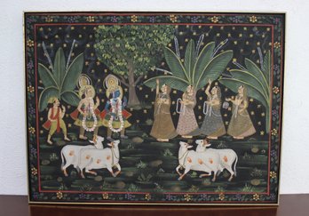 Krishna Figure, Ladies, And Cows - Vintage Indian Pishwai Painting On Silk