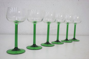 Set Of Six Green Colored Glass Stem Under Clear Goblet Wine Glasses