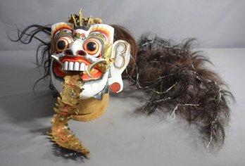 Traditional Balinese Barong Mask With Elaborate Ornamentation And Hair