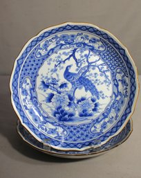 Pair Of Blue And White Porcelain Plates With Peacock Design