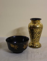 Ornately Decorated Black And Gold Soup Bowl And Vase
