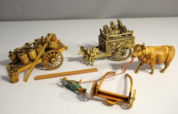 Vintage Japanese Celluloid Figurine Set  Ox Cart, Wagon, And Miniature Figures