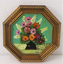 Vintage Irene Rozek Oil Painting Of Flowers In Octagon Wood Frame